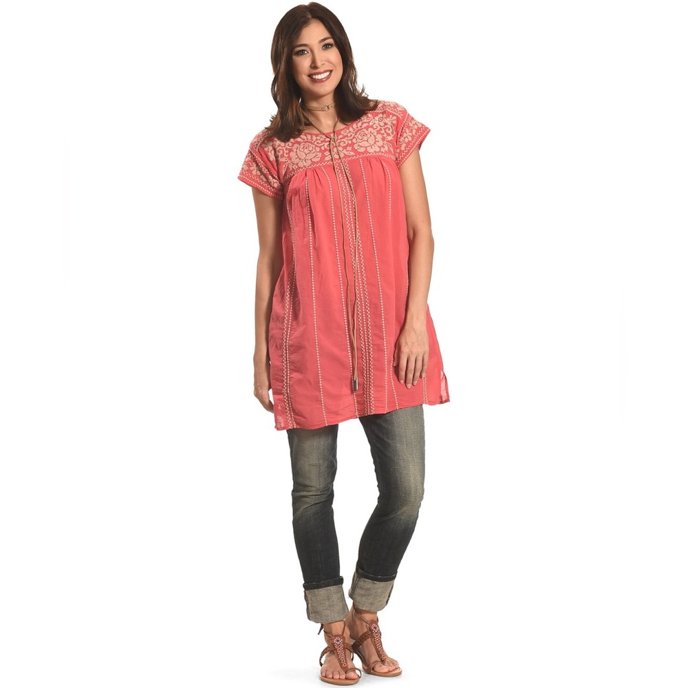 Johnny Was Lenat Pleated Peasant Long Tunic Coral Size Small Embroidered Cotton
